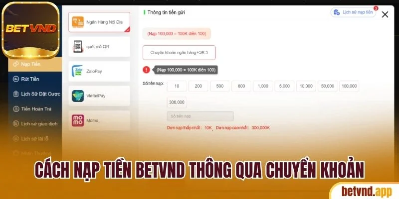 Cách nạp tiền Betvnd thông qua chuyển khoản