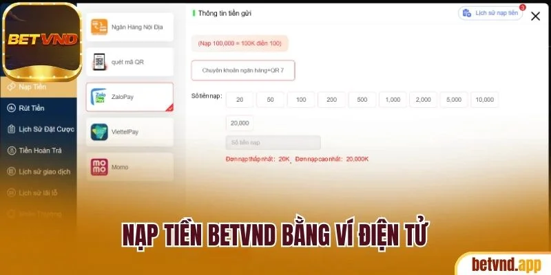 Nạp tiền Betvnd bằng ví điện tử